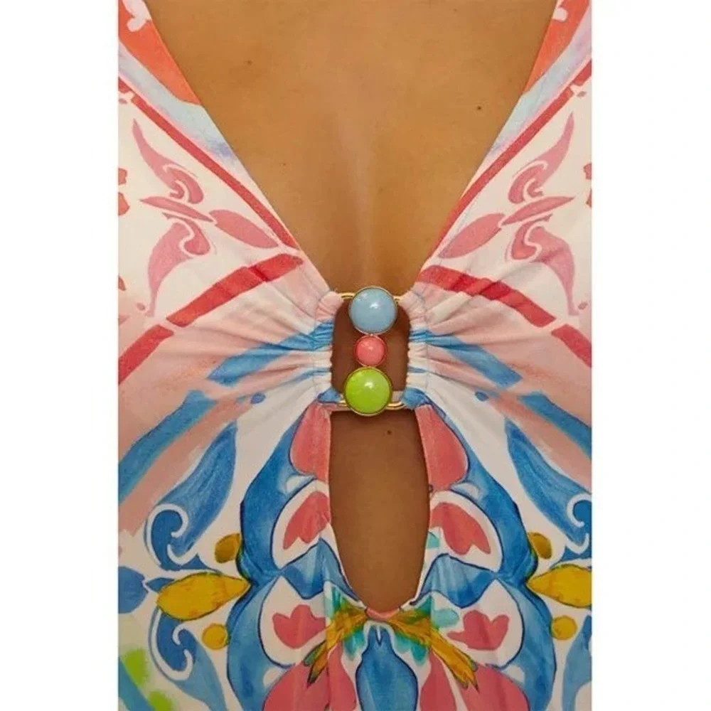 Becca Mijas Keyhole Ring Plunge Neck Tunic Swim‎ Cover-Up Women's Size Small